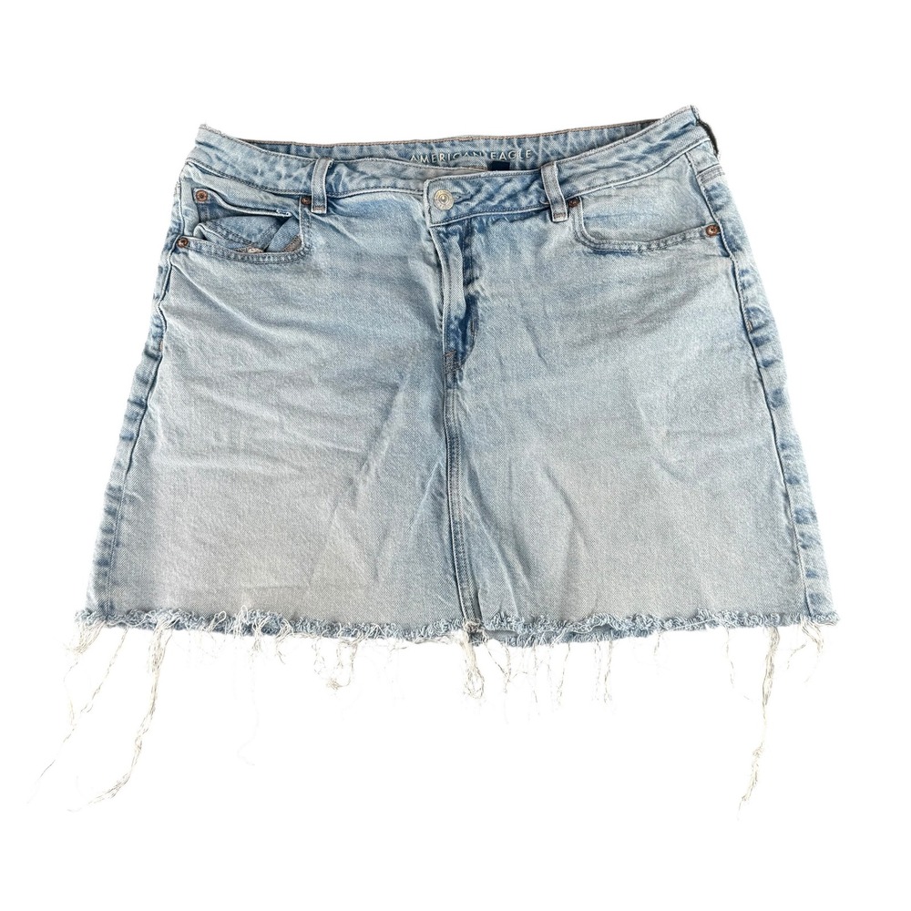 American Eagle Perfect Mini Light Wash Raw‎ Hem Denim Skirt Womens 16 Stretch